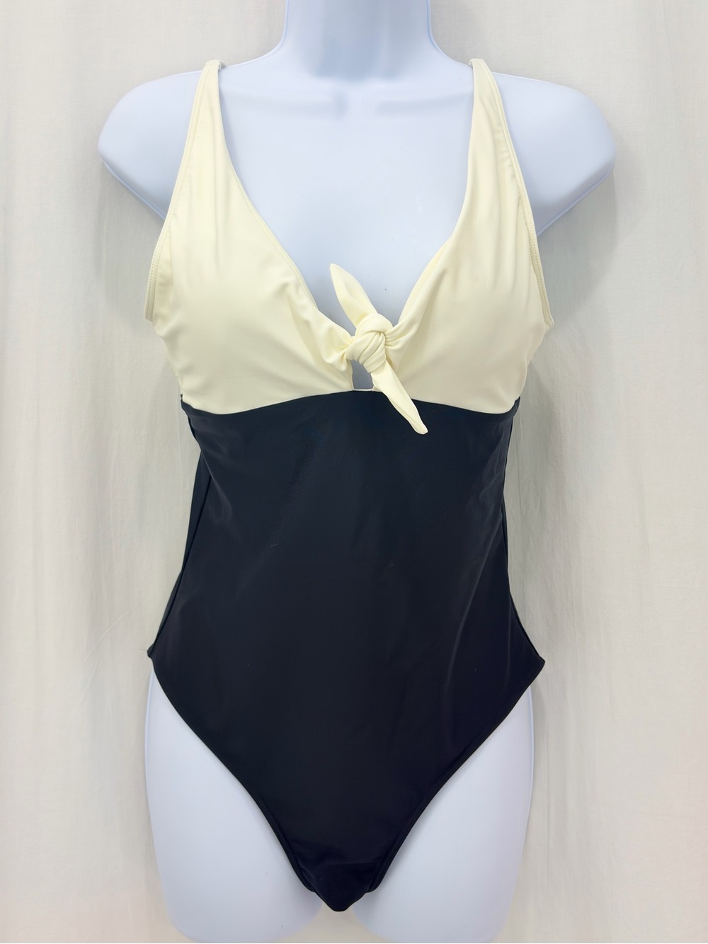 summersalt Two-Tone Colorblock V-Neck Tie-Front Swimsuit Ivory & Black size 8